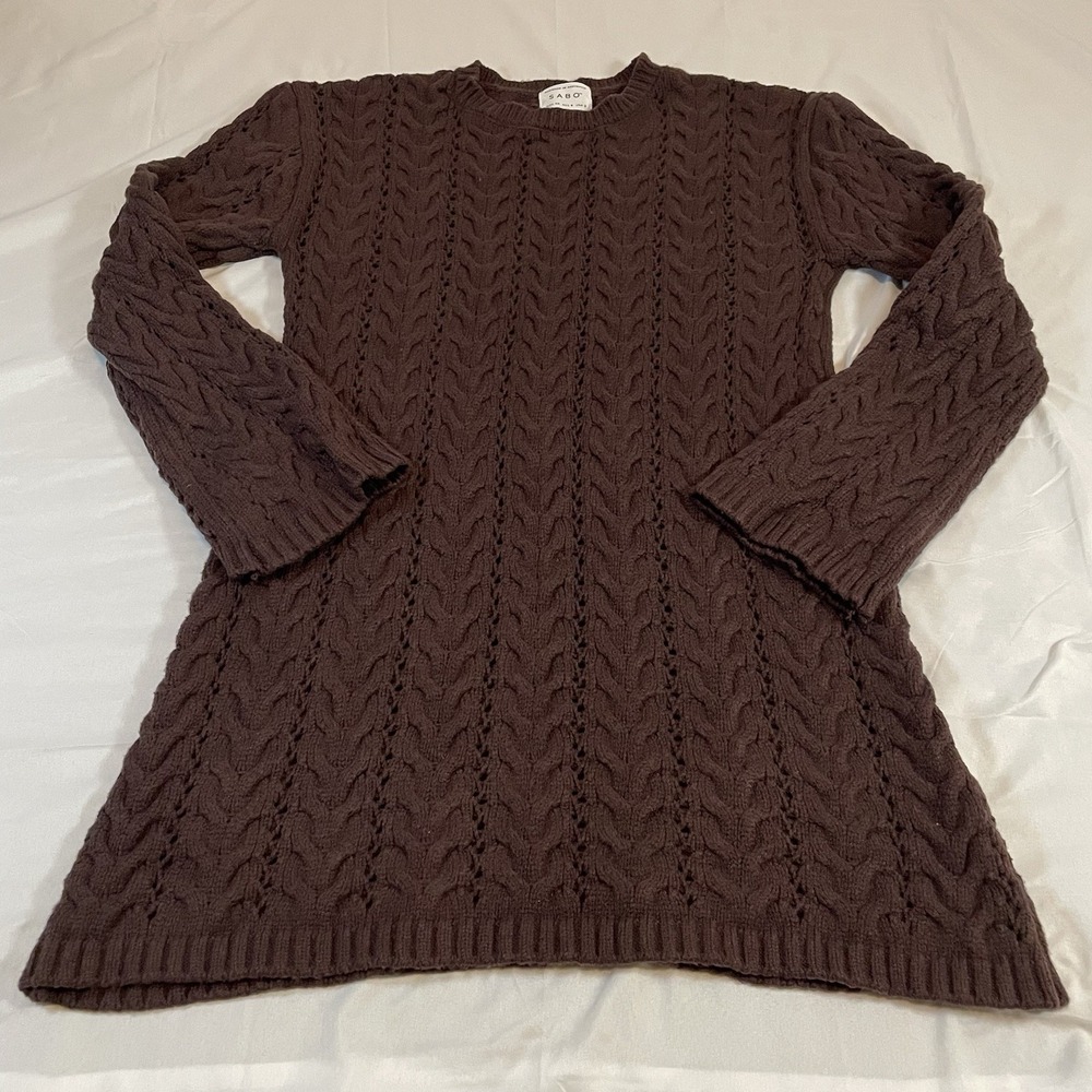 Sabo Skirt Brown Cable Knit Pointelle Sweater Dress Long Sleeve Crew Neck XS